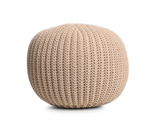 Photo of Stylish beige pouf isolated on white. Home design