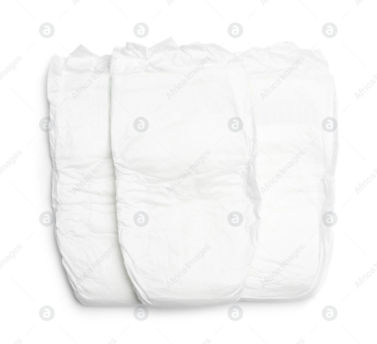 Photo of Baby diapers isolated on white, top view