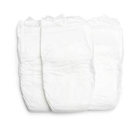 Photo of Baby diapers isolated on white, top view