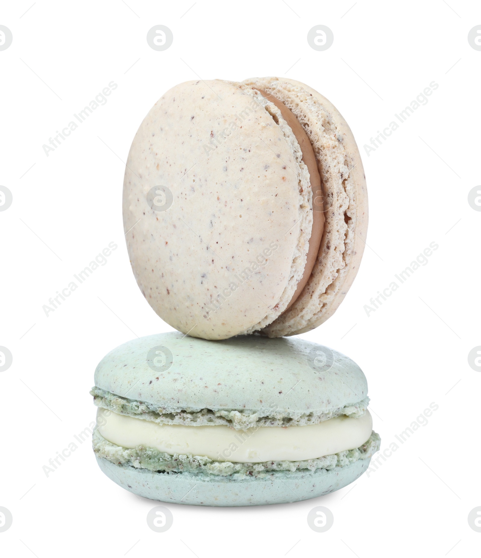 Photo of Different delicious colorful macarons on white background