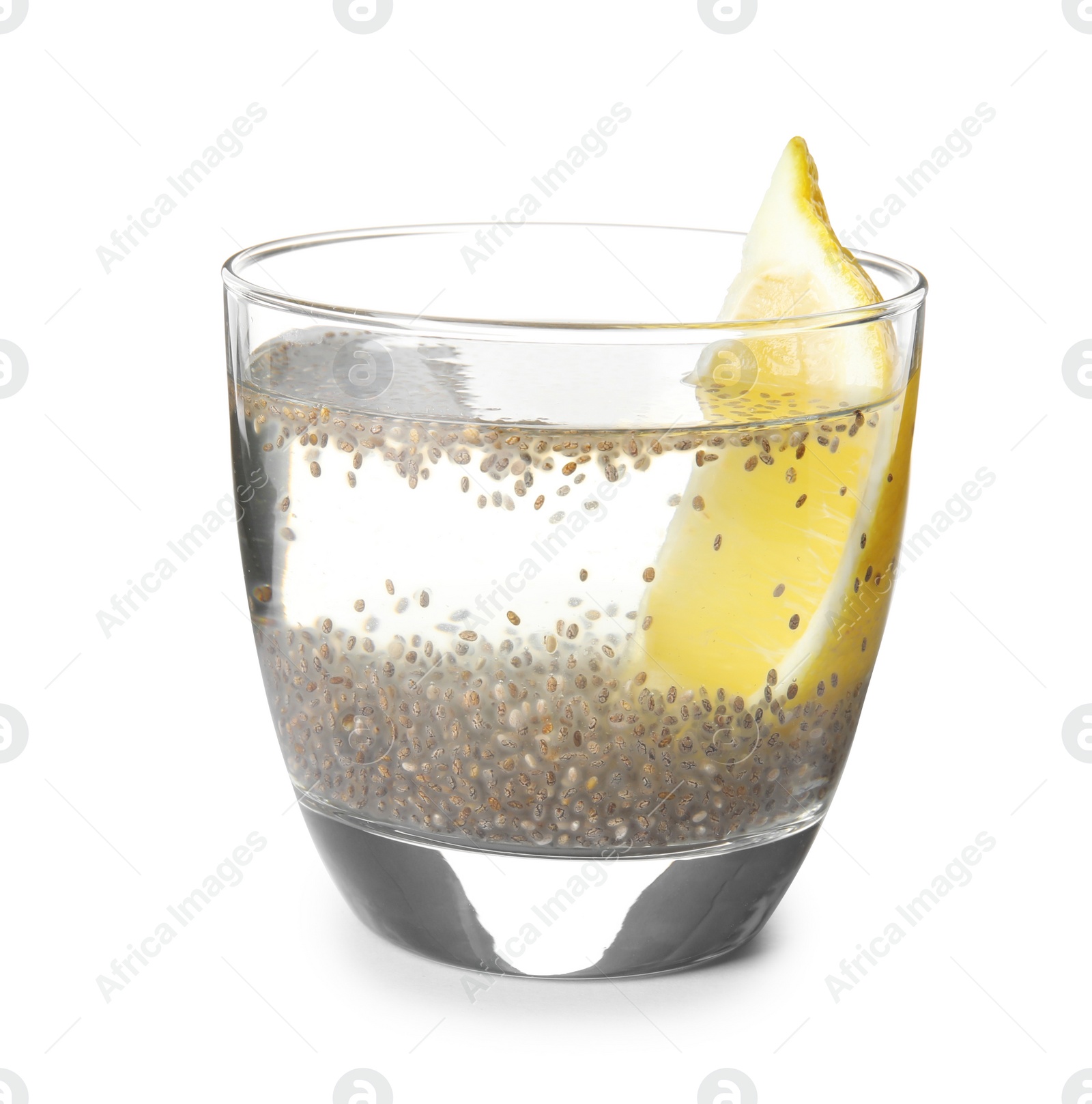 Photo of Glass of water with chia seeds on white background