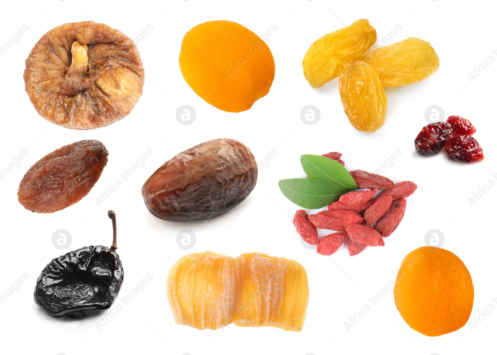 Image of Set with different tasty dried fruits on white background