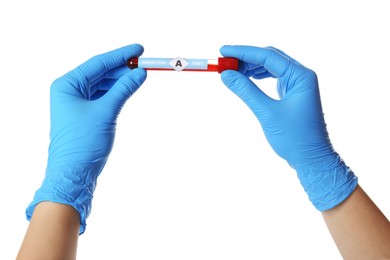 Photo of Scientist holding tube with blood sample and label Hepatitis A Test on white background, closeup