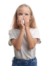 Photo of Little girl suffering from allergy on white background