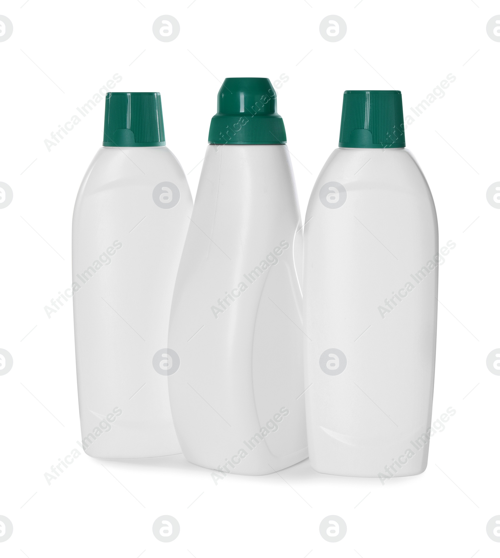 Photo of Bottles of cleaning product isolated on white