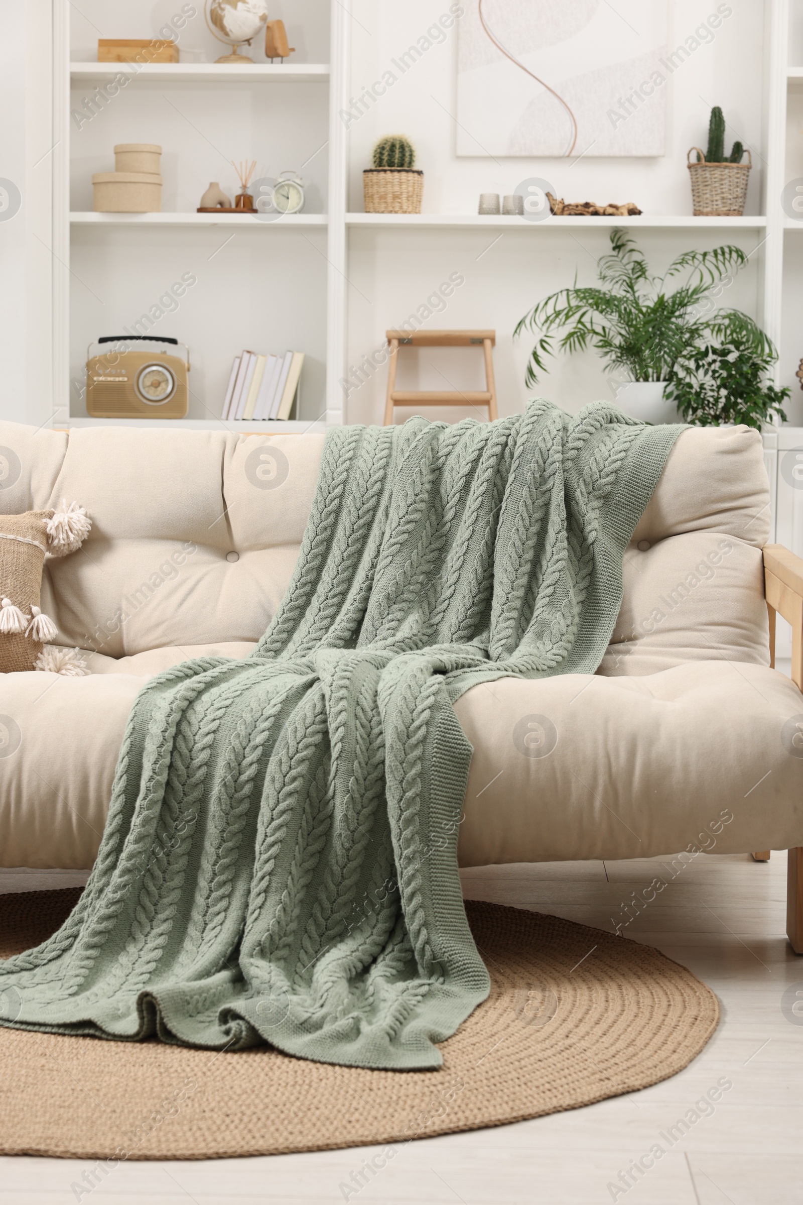 Photo of Comfortable sofa with green blanket in living room