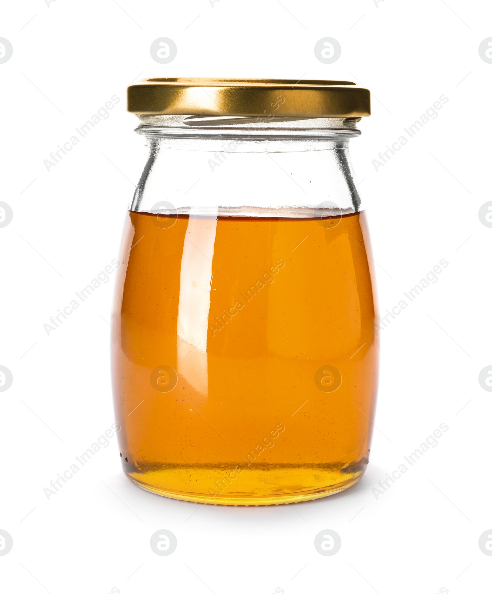 Photo of Jar with delicious honey on white background