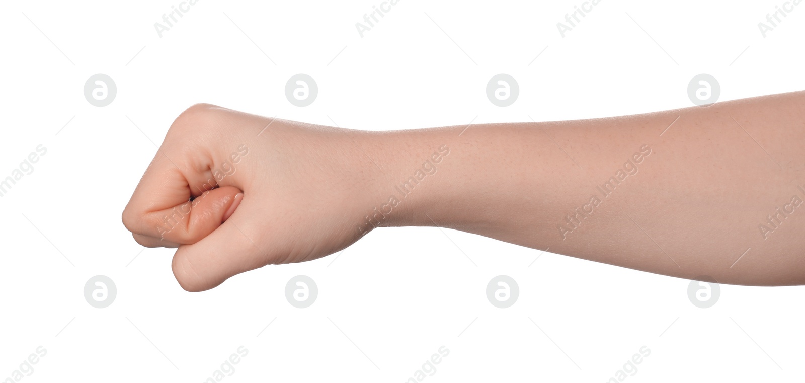 Photo of Playing rock, paper and scissors. Woman showing fist on white background, closeup