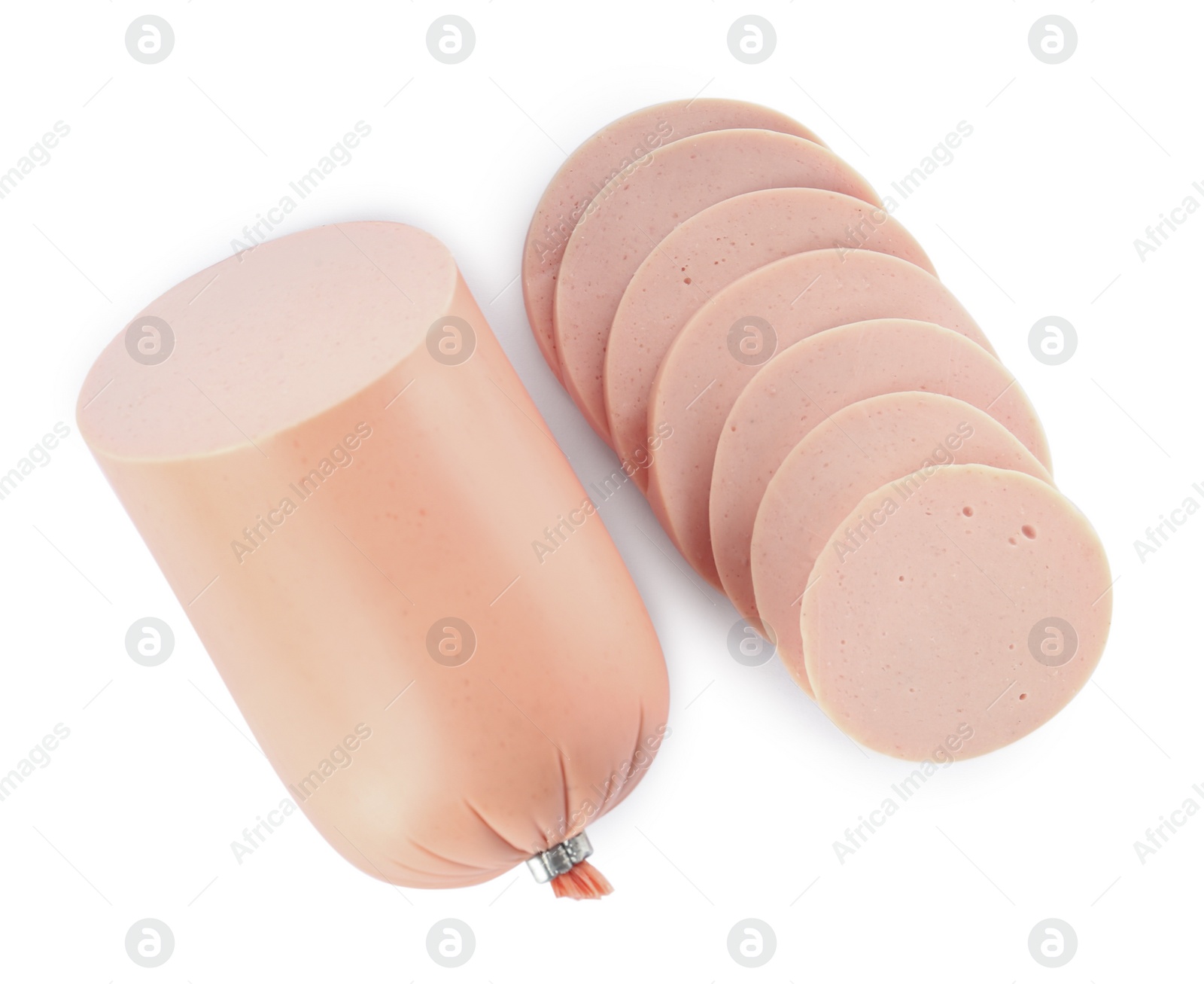 Photo of Tasty cut boiled sausage on white background, top view