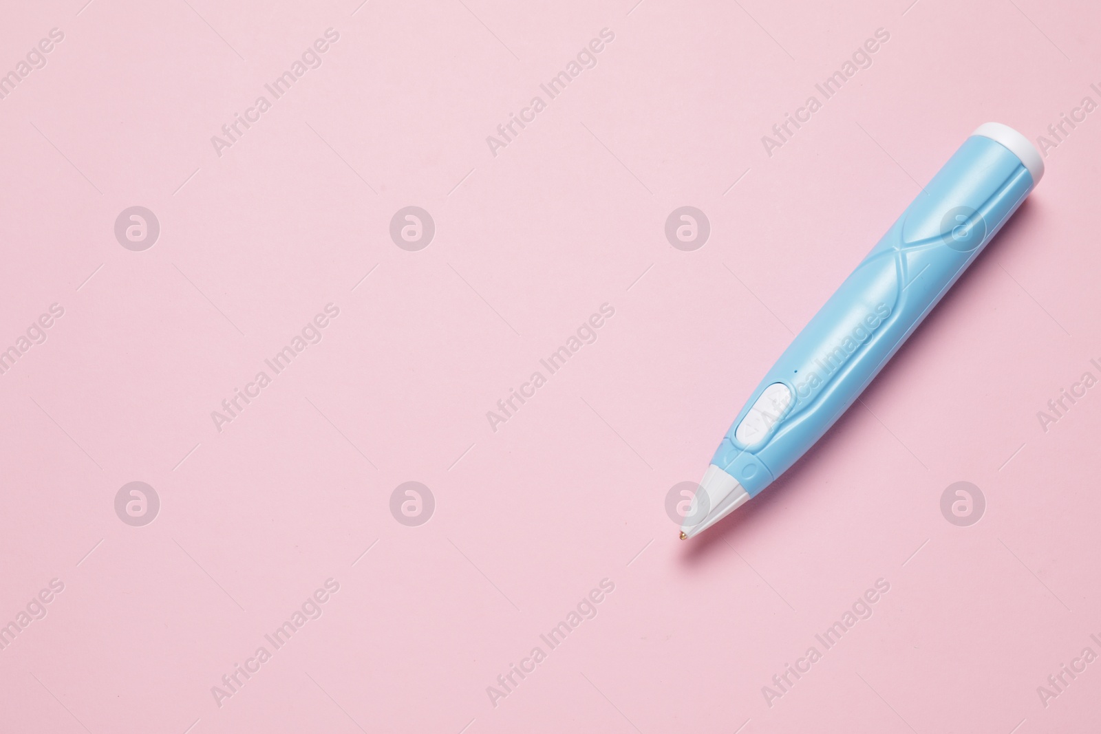 Photo of Stylish 3D pen on pink background, top view. Space for text