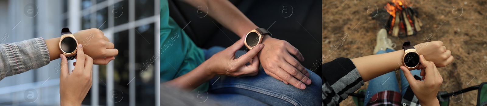 Image of Photos of women using smart watch, closeup. Collage design 