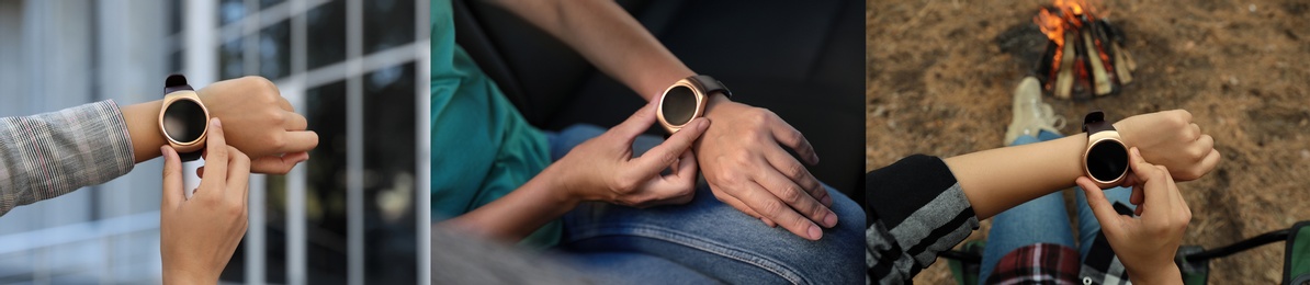 Photos of women using smart watch, closeup. Collage design 