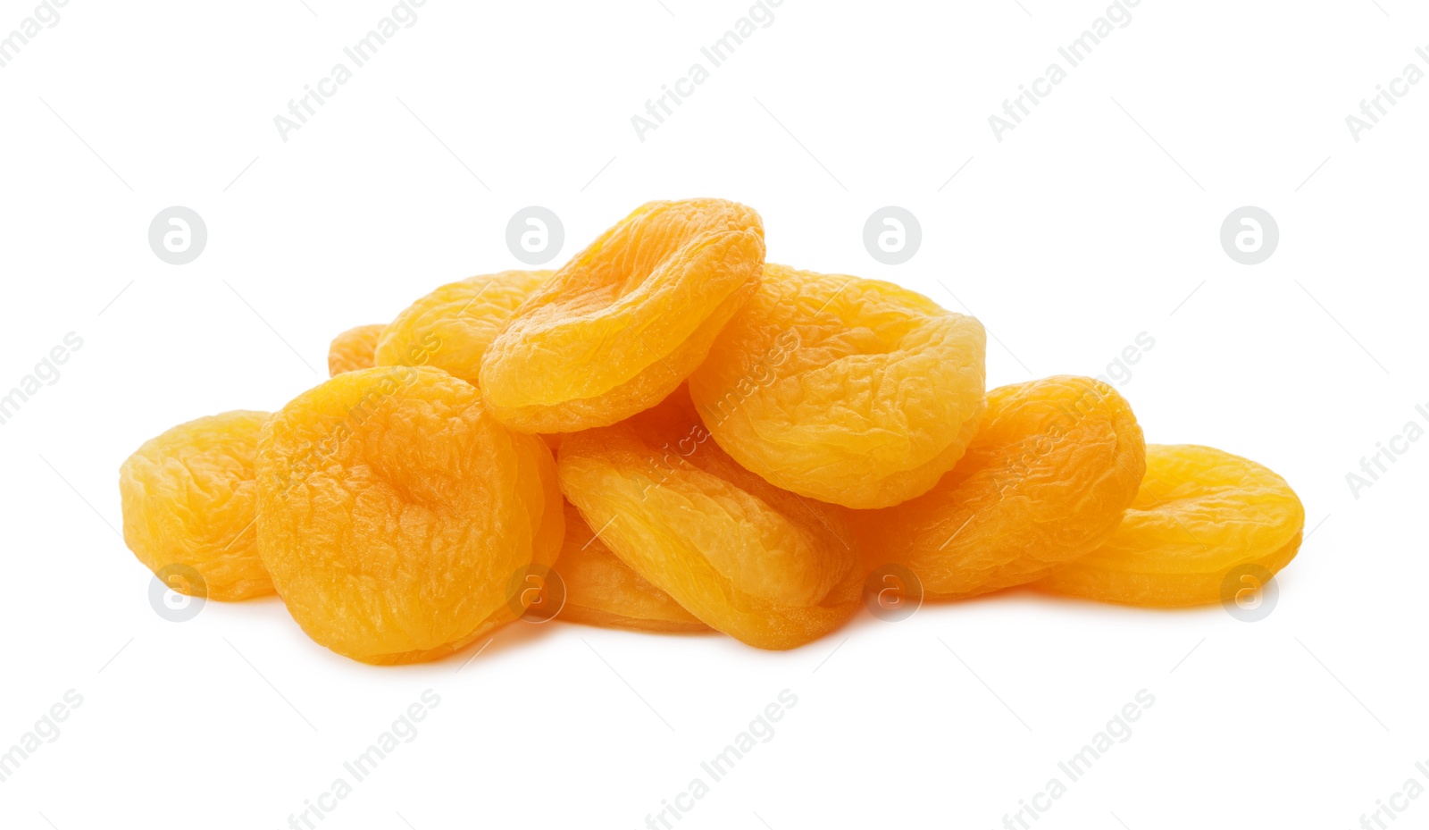 Photo of Pile of tasty apricots on white background. Dried fruits