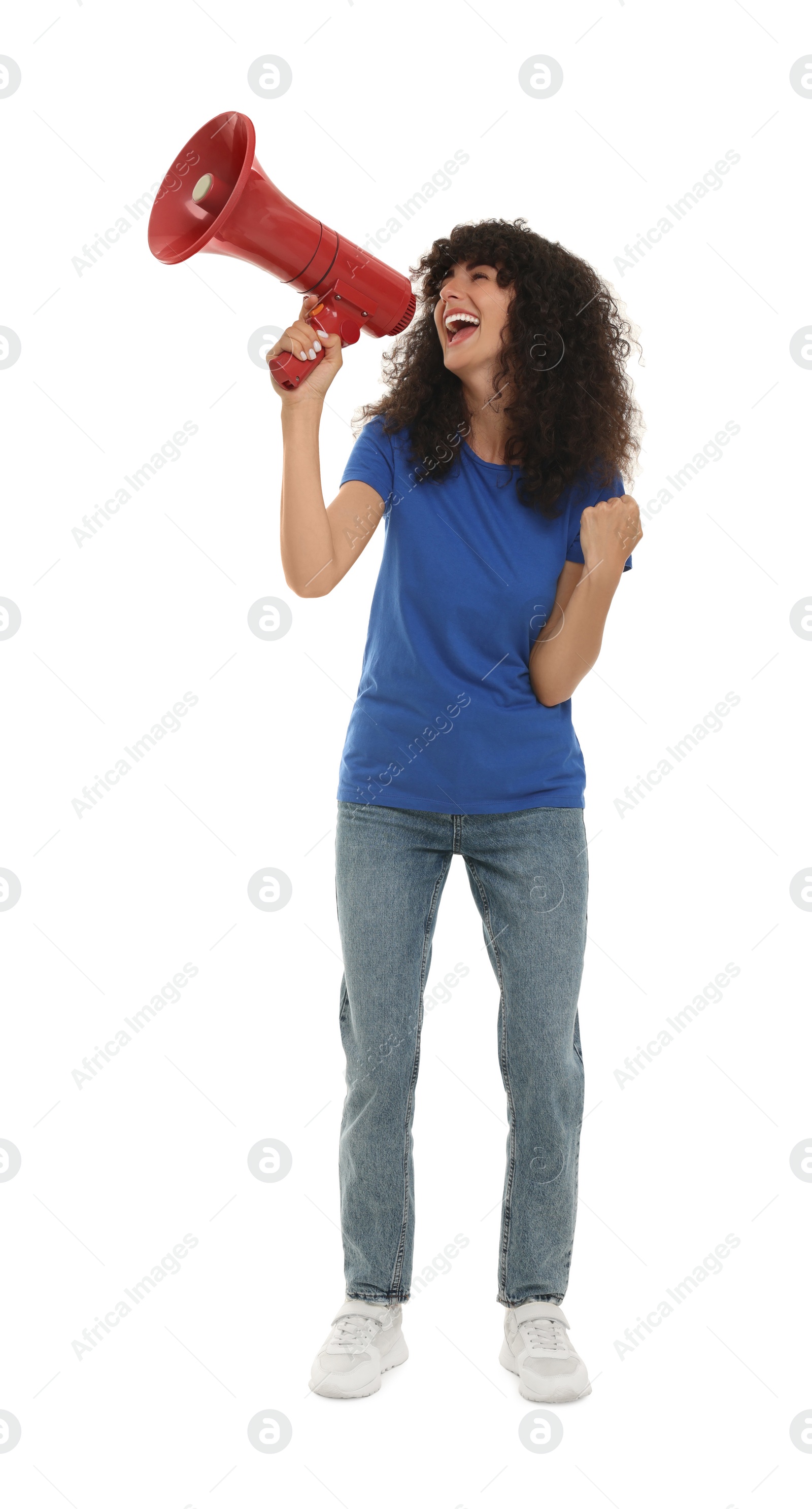 Photo of Happy sports fan using megaphone isolated on white
