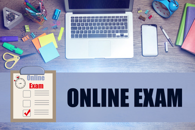 Image of Flat lay composition with laptop, smartphone and phrase ONLINE EXAM on wooden background