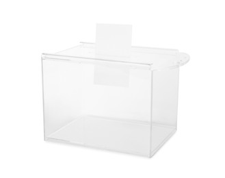 Photo of Transparent ballot box with vote isolated on white