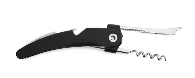 Photo of One corkscrew (sommelier knife) isolated on white, top view