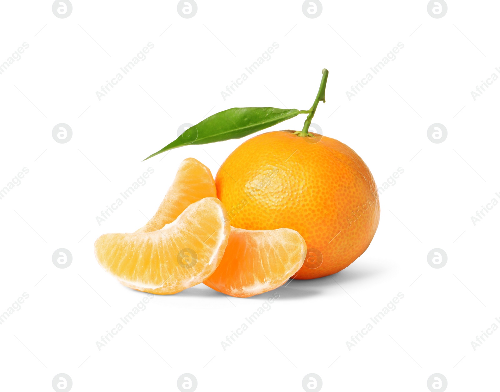 Photo of Fresh ripe juicy tangerines with green leaf isolated on white