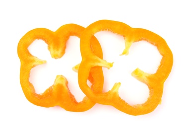Photo of Rings of orange bell pepper on white background, top view