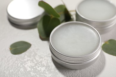 Photo of Lip balms and green leaves on white textured background, closeup