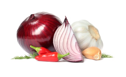 Photo of Garlic, onion, dill and chili peppers on white background