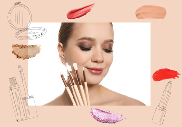 Beautiful woman and professional cosmetic products on color background. Makeup artist