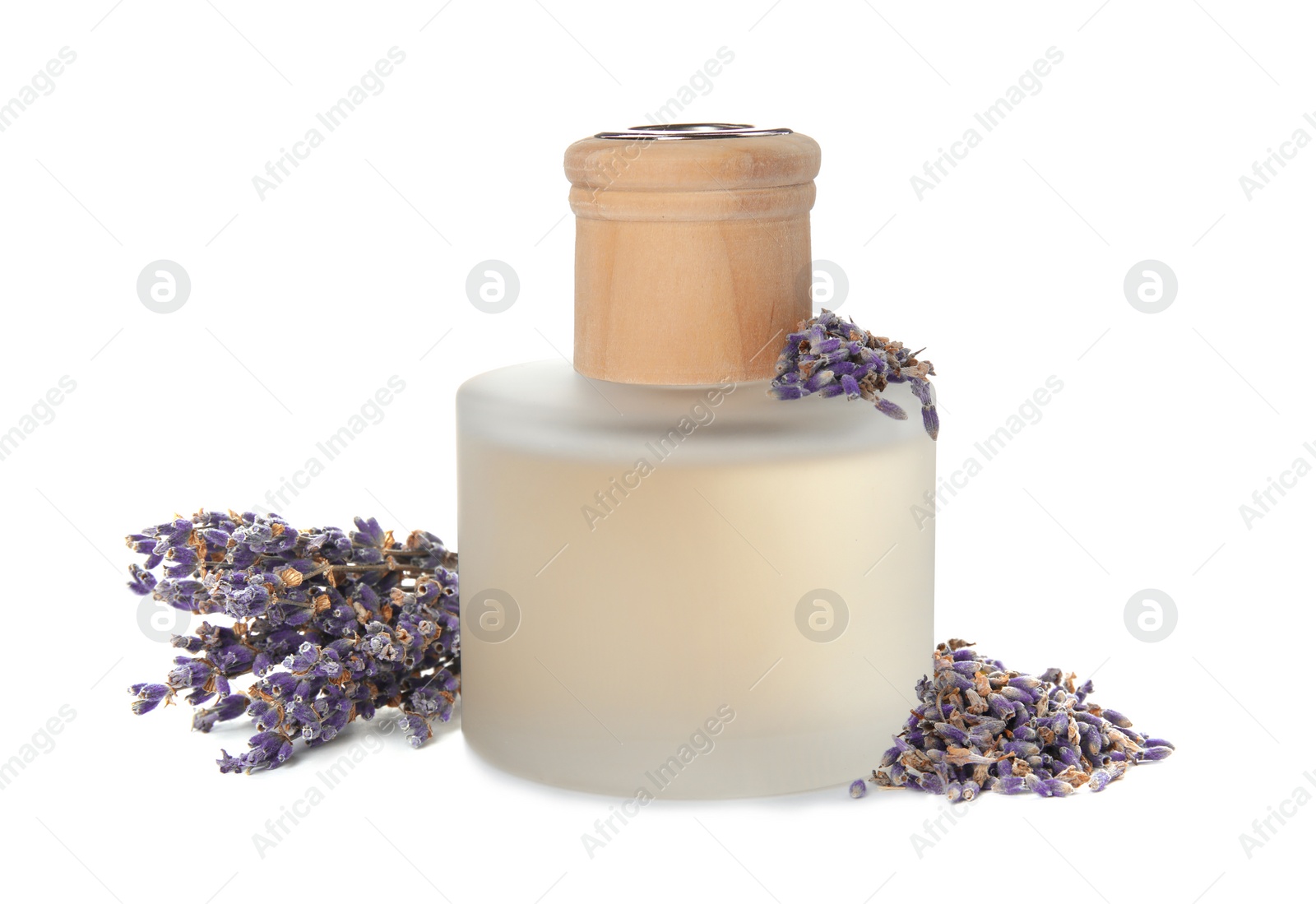 Photo of Bottle with aromatic lavender oil on white background