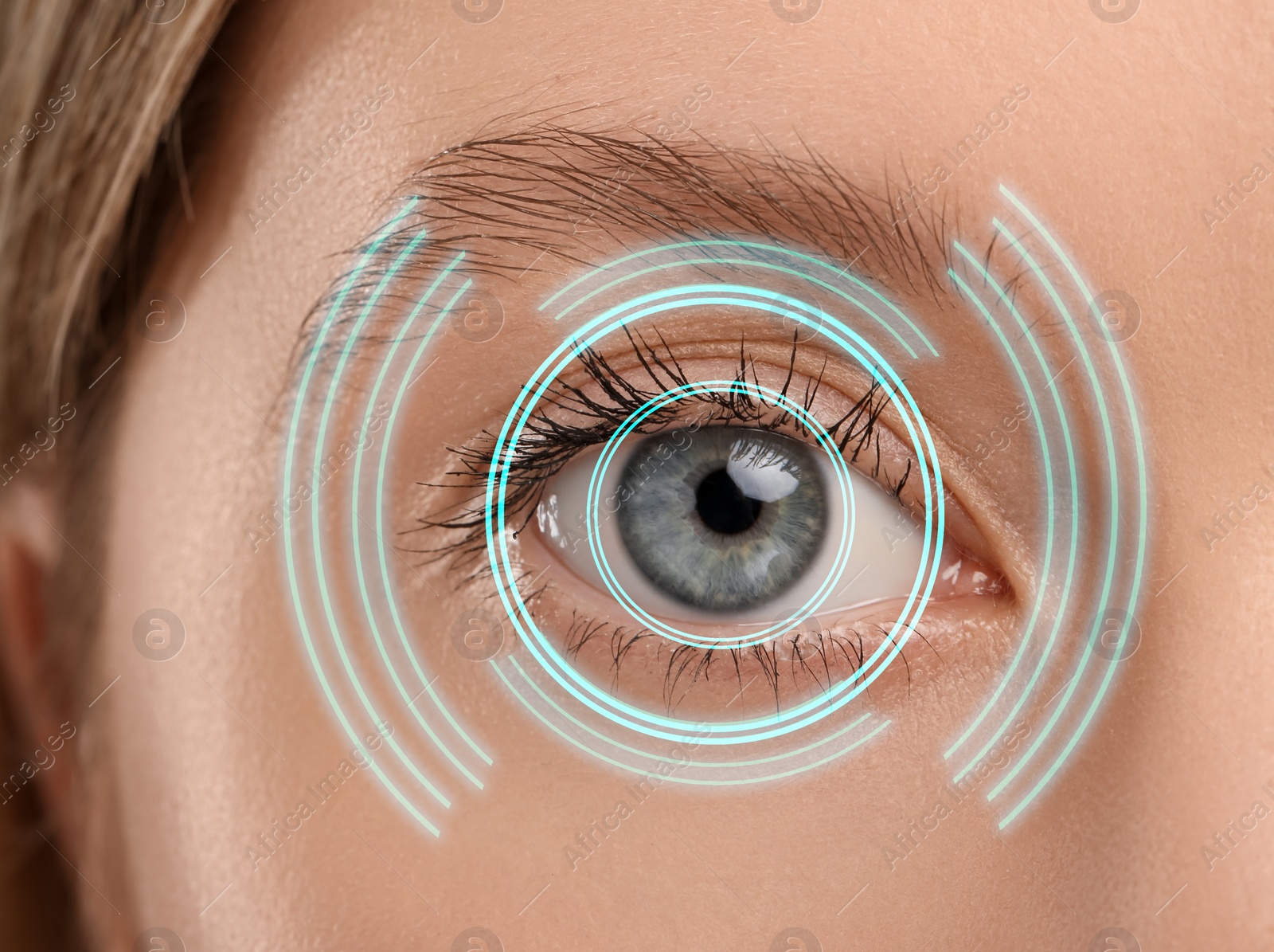 Image of Vision test. Woman and digital scheme focused on her eye, closeup