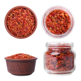 Image of Aromatic spices. Red chili pepper flakes in bowls and glass jar on white background, top and side views