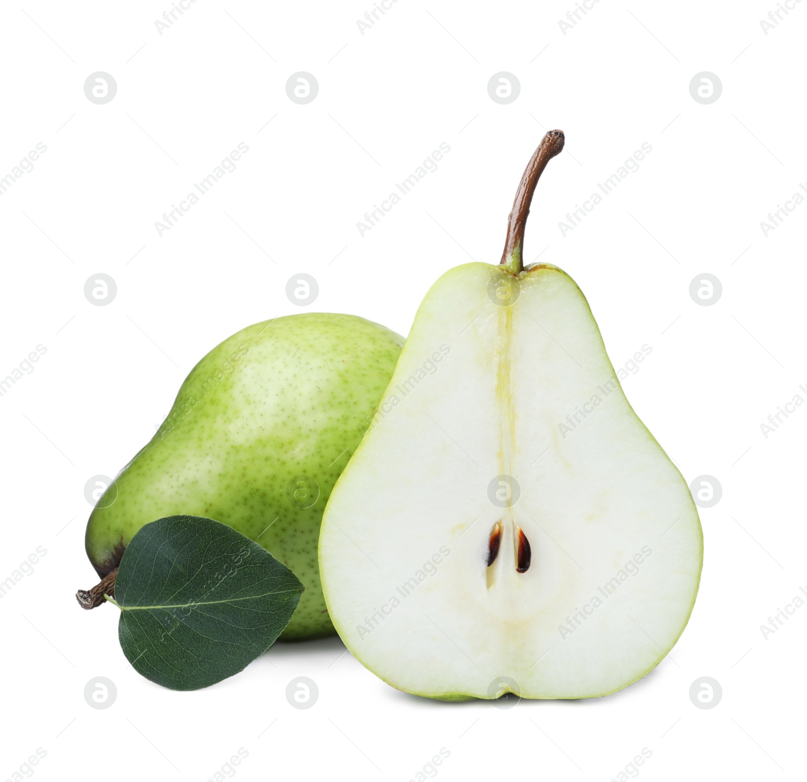 Photo of Whole and cut fresh ripe pears on white background