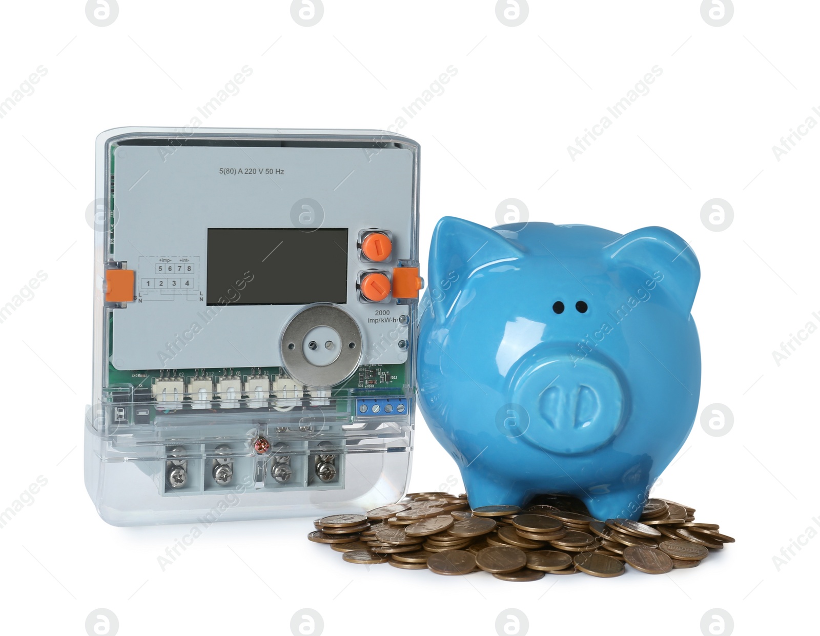 Photo of Electricity meter, piggy bank and coins on white background