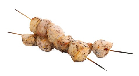 Photo of Skewers with delicious fresh shish kebabs isolated on white