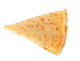 Photo of Tasty thin folded pancake on white background, top view