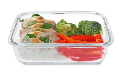 Photo of Healthy meal. Chicken breast, rice, broccoli and pepper in container isolated on white
