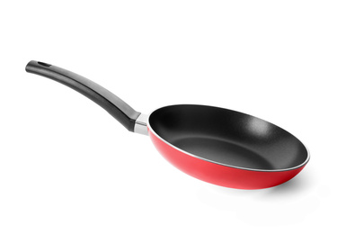 Photo of Modern red frying pan isolated on white