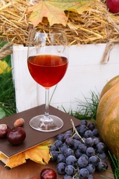 Photo of Glass of wine, book and grapes on green grass outdoors. Autumn picnic
