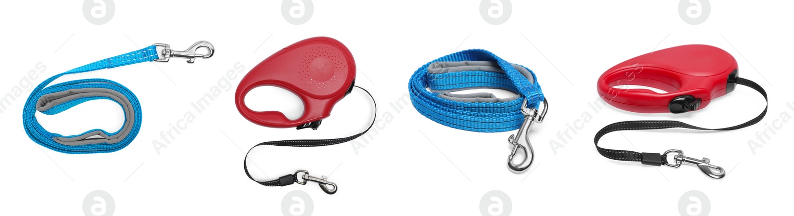 Image of Collage with different pet leashes on white background, top and side views