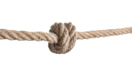 Photo of Cotton rope with knot on white background
