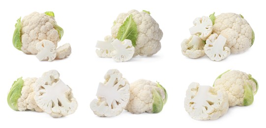 Image of Collage of fresh raw cauliflowers on white background