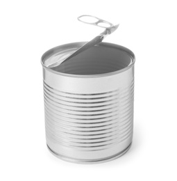 Photo of Open tin can isolated on white, mockup for design