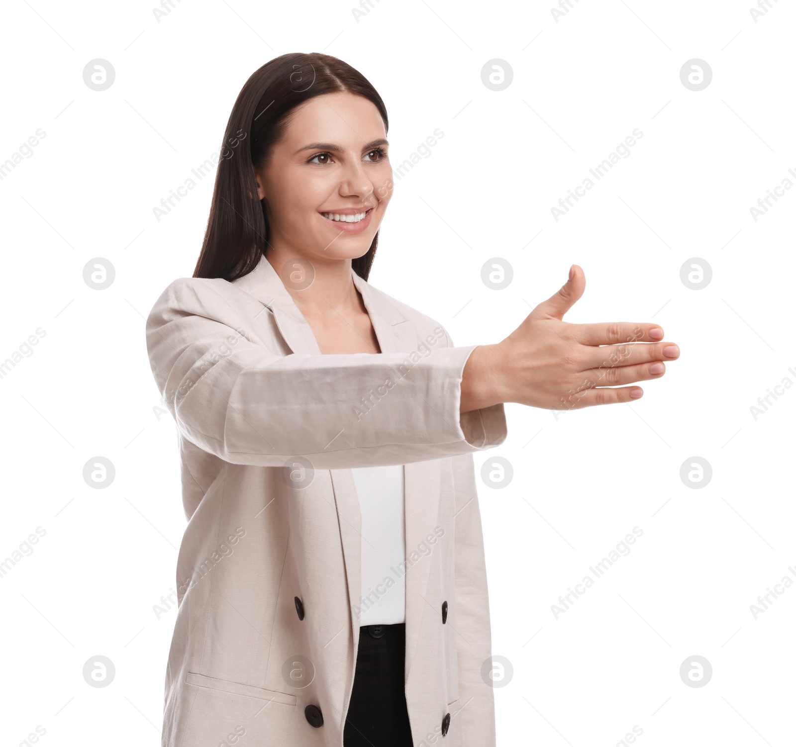 Photo of Beautiful young businesswoman in suit on white background