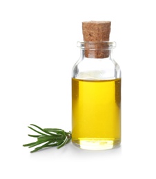 Photo of Bottle with rosemary oil on white background