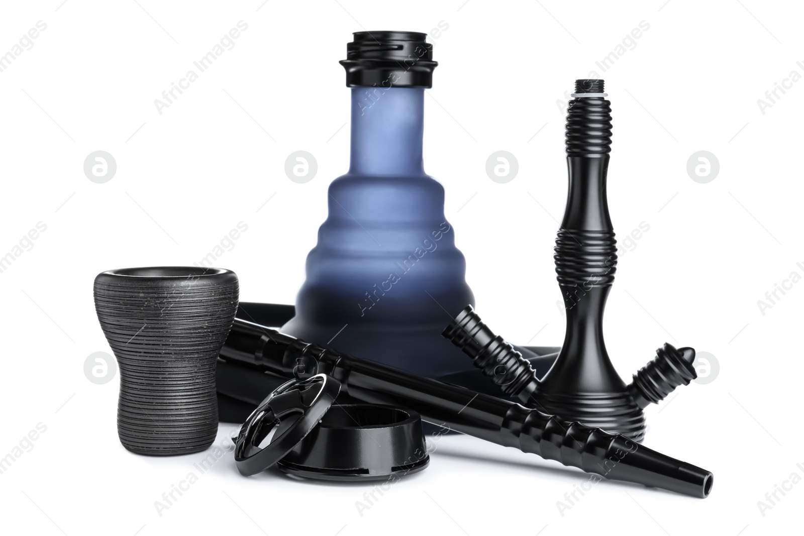 Photo of Parts of modern hookah on white background