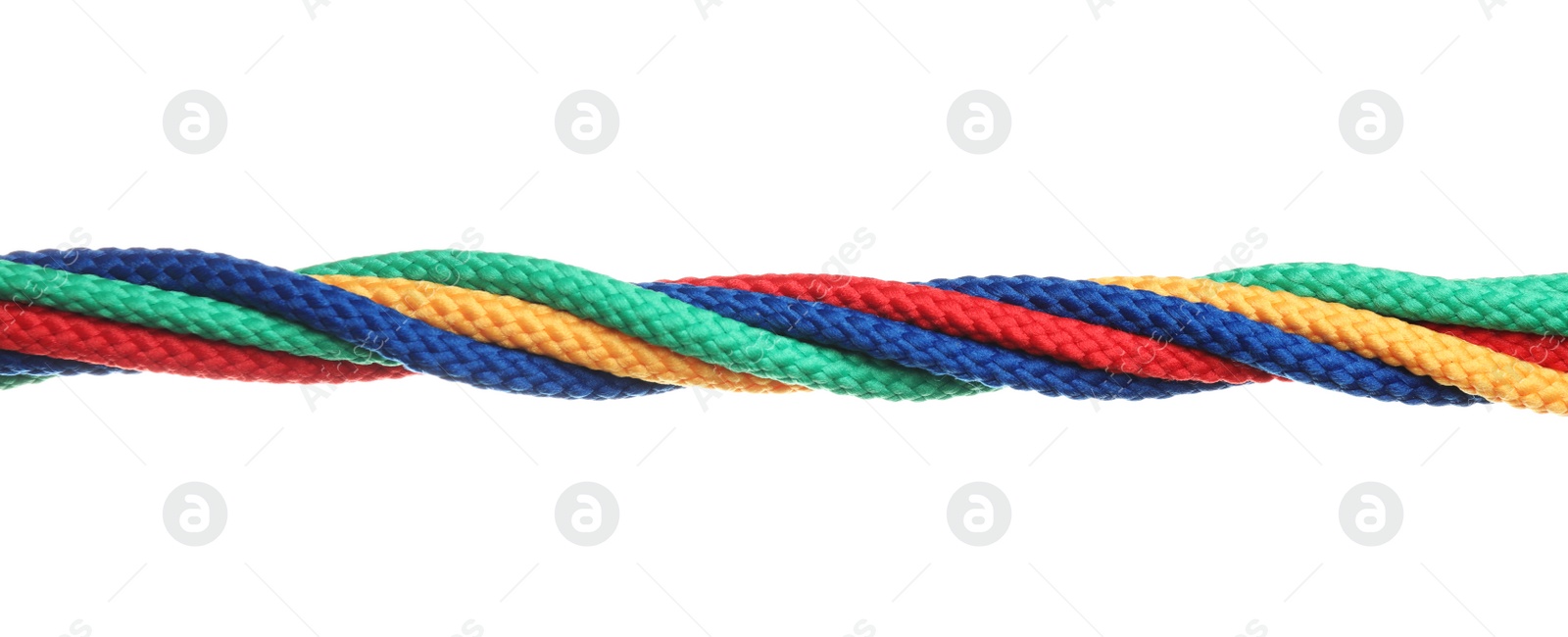 Photo of Twisted colorful ropes isolated on white. Unity concept