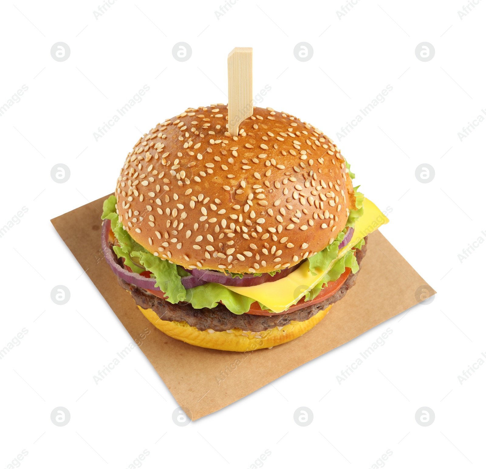 Burger with delicious patty isolated on white Photo of Burger with delicious patty isolated on white