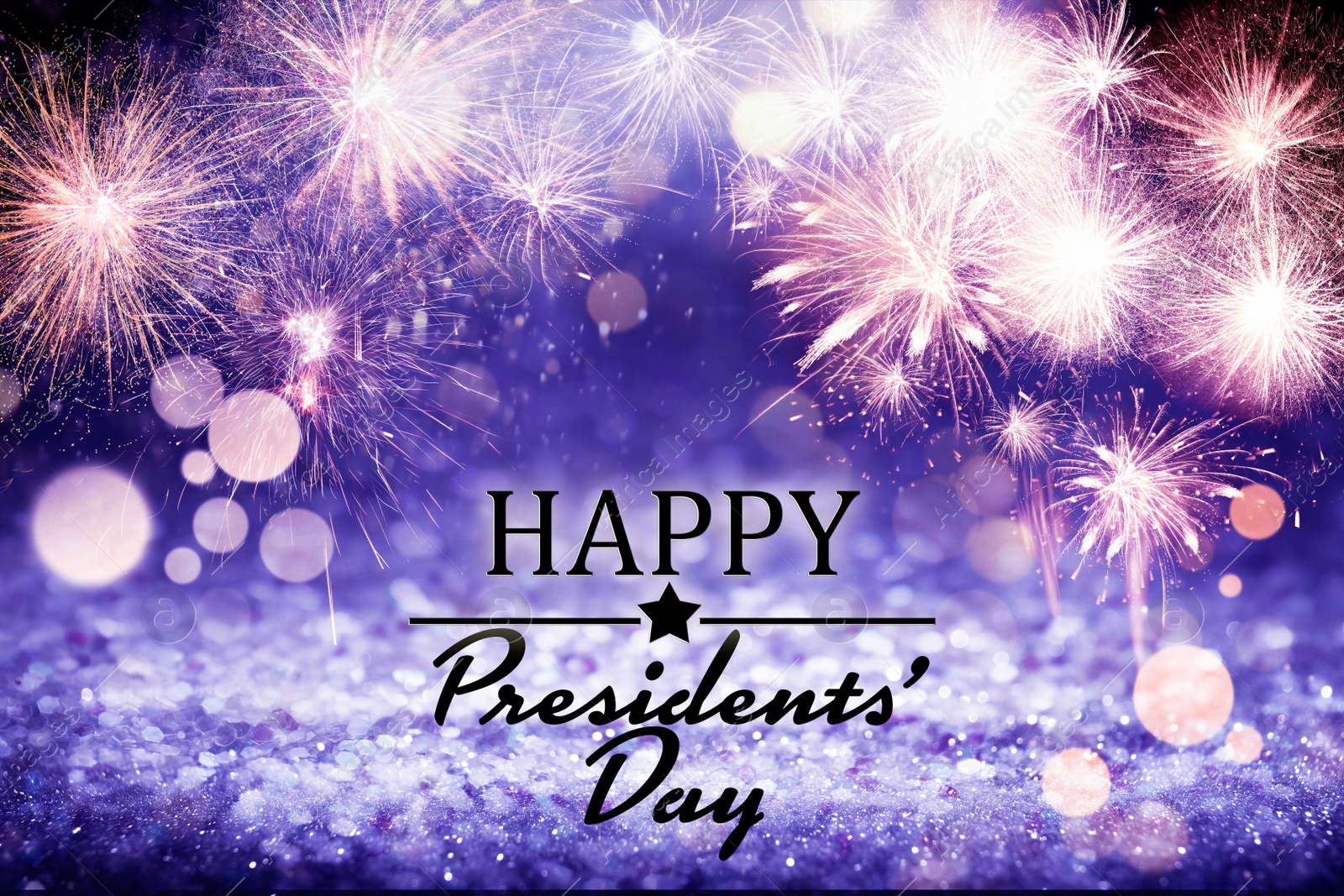 Image of Happy President's Day - federal holiday. Festive background with fireworks and glitters, bokeh effect