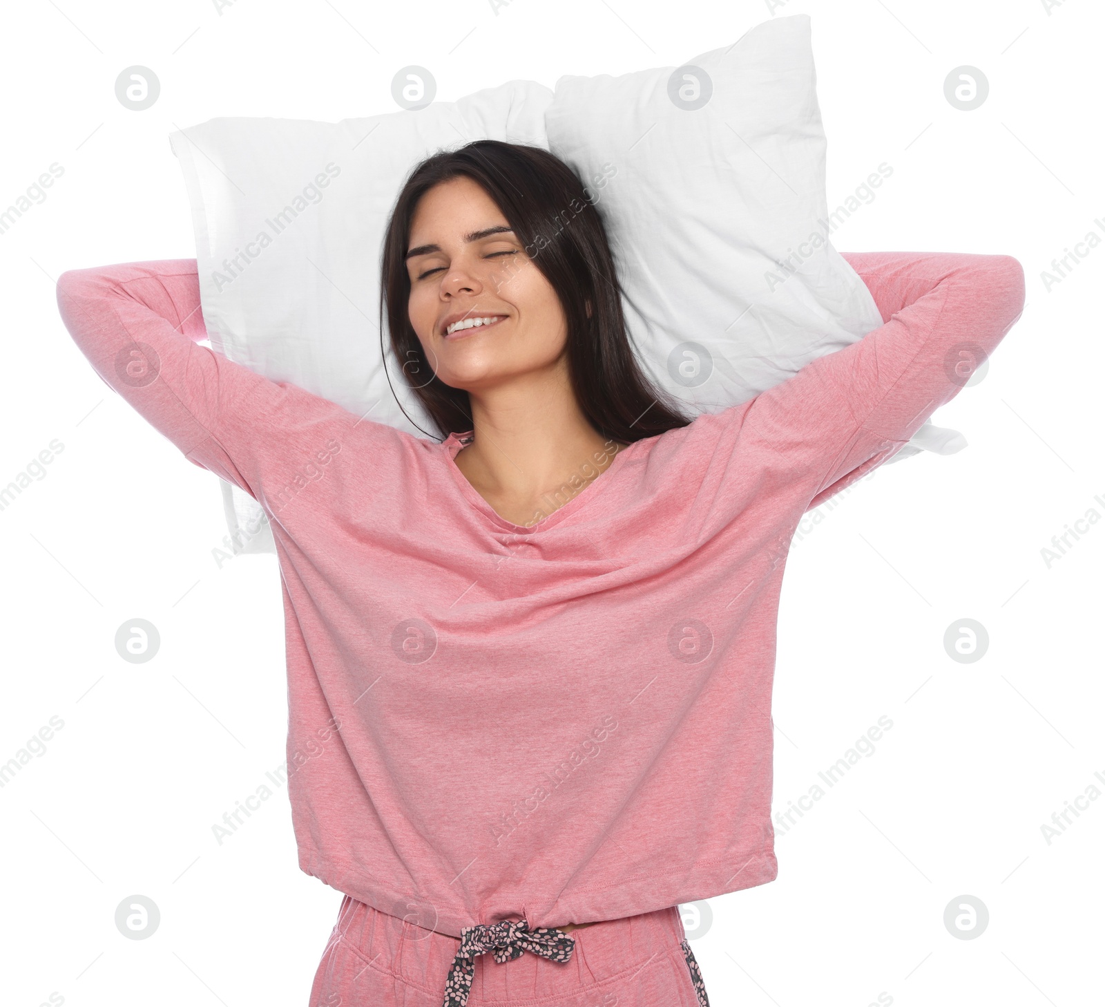 Photo of Sleepy young woman with soft pillow on white background