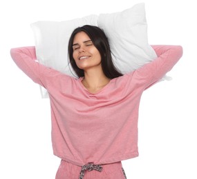 Photo of Sleepy young woman with soft pillow on white background