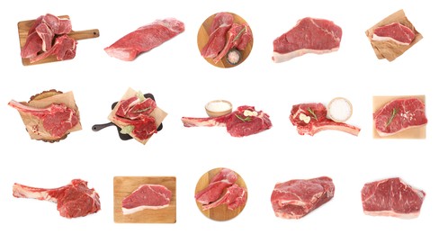 Image of Set of raw beef steaks isolated on white, top view