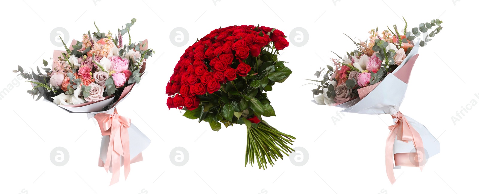 Image of Set with beautiful flowers on white background. Banner design